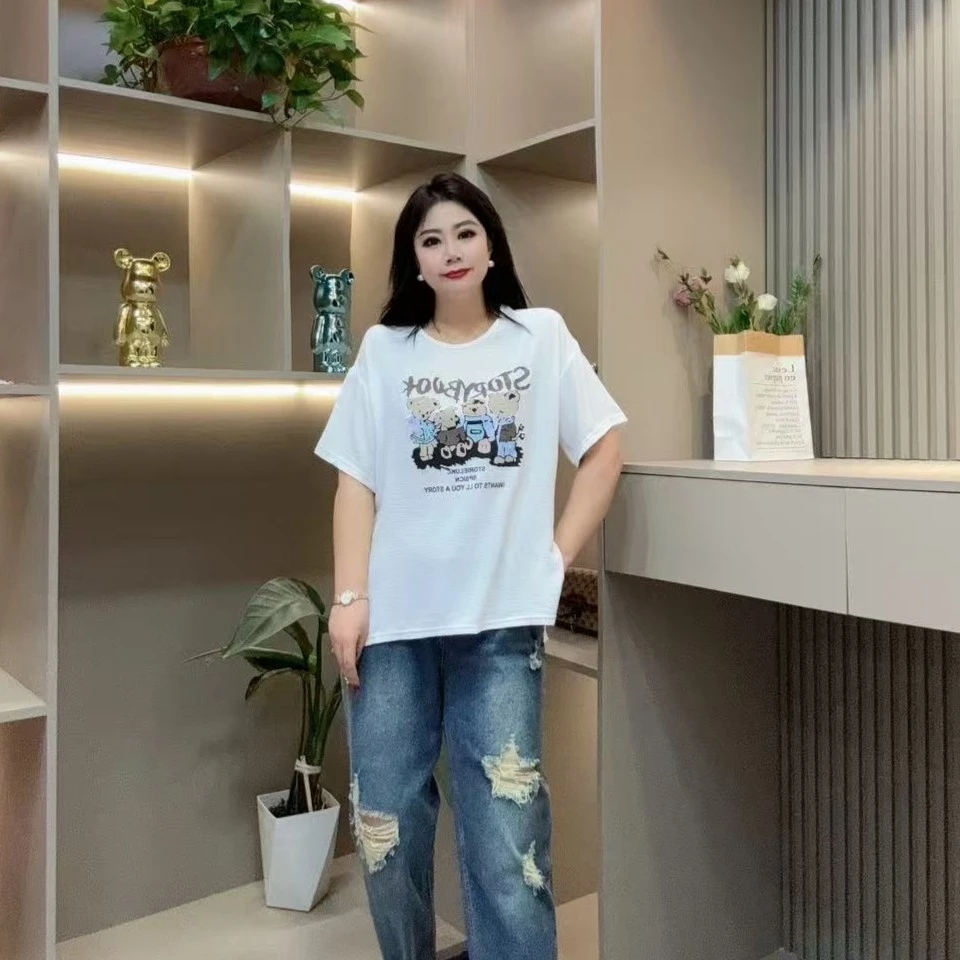 春季半袖-双 90251 时尚洋气潮流休闲字母小熊款胖MM大码女装新款