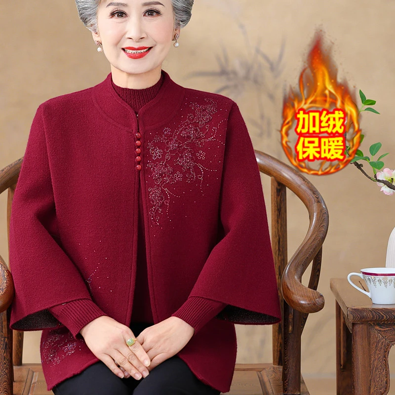 加绒新款妈妈装春秋针织两件套装中老年女装国风上衣秋冬毛衣外套