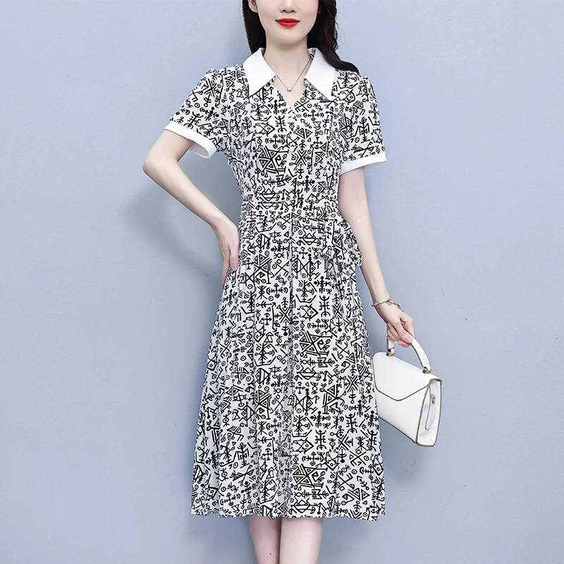 时尚洋气短袖连衣裙女2025夏季新款妈妈气质优雅收腰显瘦中长款裙