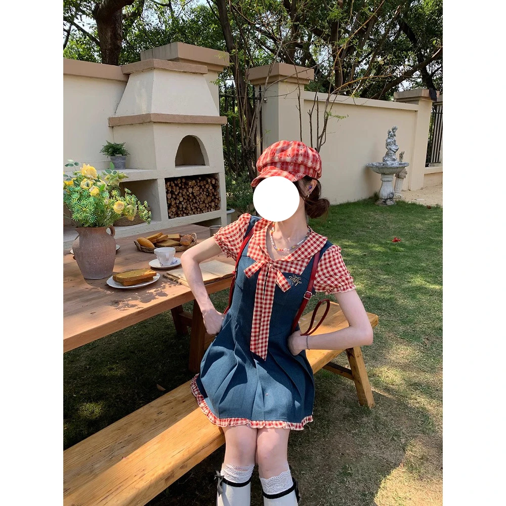 少女风夏季新款甜美学院连衣裙蝴蝶结假两件泡泡袖收腰百搭裙子韩