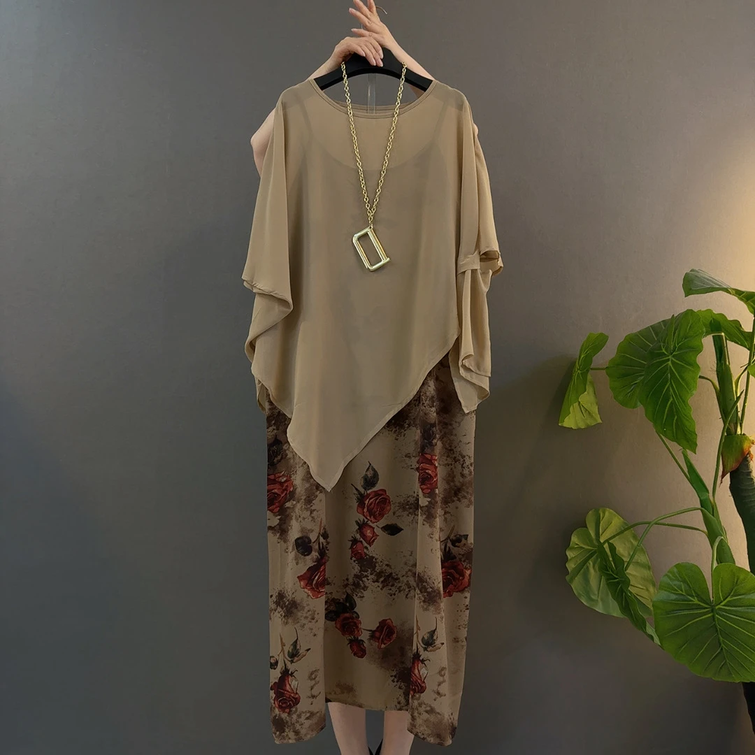 法式长裙立体甜辣千金风蝙蝠袖外披+吊带连衣裙