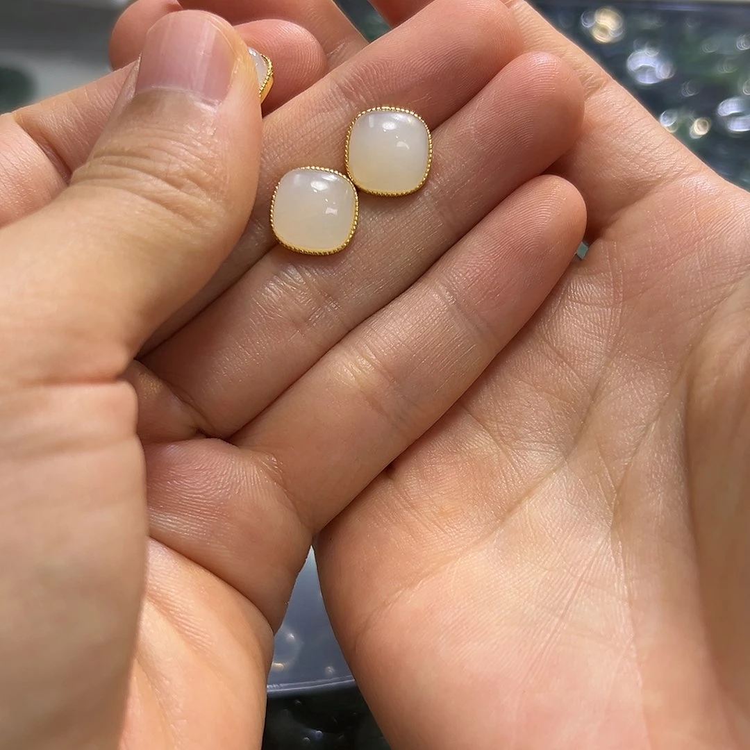 和田玉银S925镶嵌耳饰小*