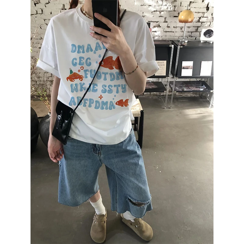 CKKOR夏季新款学生休闲t恤女纯棉百搭宽松小个子显瘦韩版短袖上衣