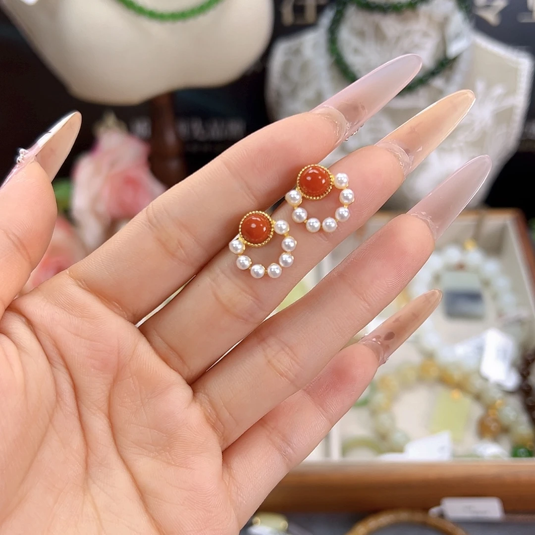 南红玛瑙银S925镶嵌耳饰sj