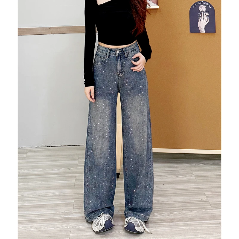 25920#满天星河烫钻阔腿牛仔裤女秋季新款高腰显瘦大码高级感拖地