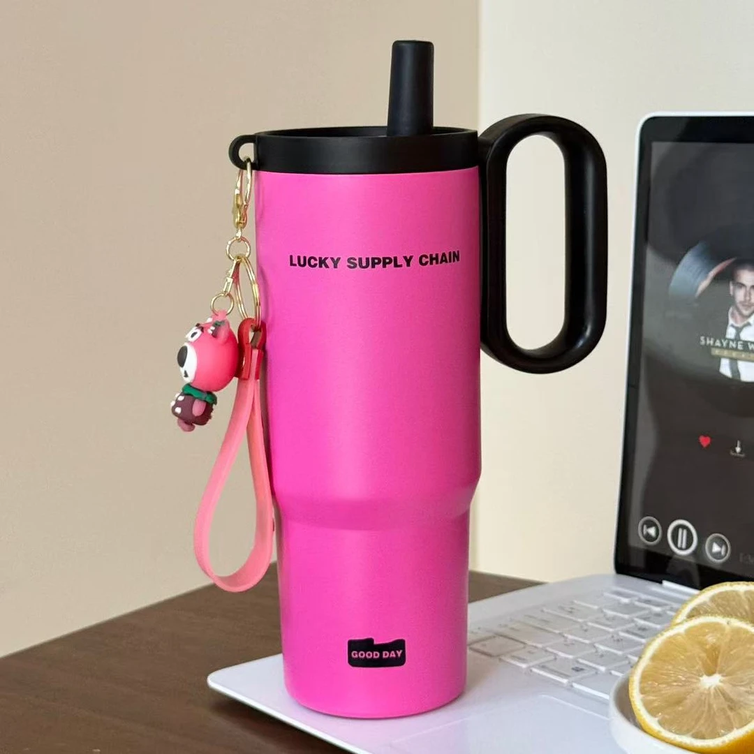 新款不锈钢保温杯女生高颜值女士水杯大容量吸管冰霸杯车载款杯子