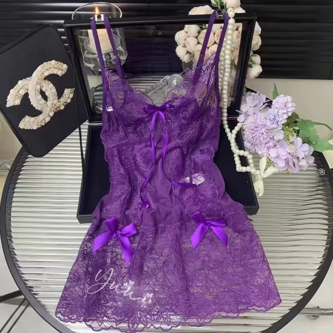 紫意翩翩【80-160斤】性感蕾丝吊带睡裙绑带收腰睡裙家居服女夏季