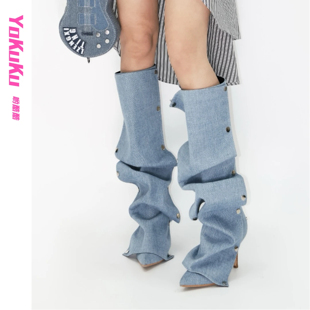 哟酷酷野性因子美式复古西部牛仔大筒围堆堆尖头骑士高跟靴
