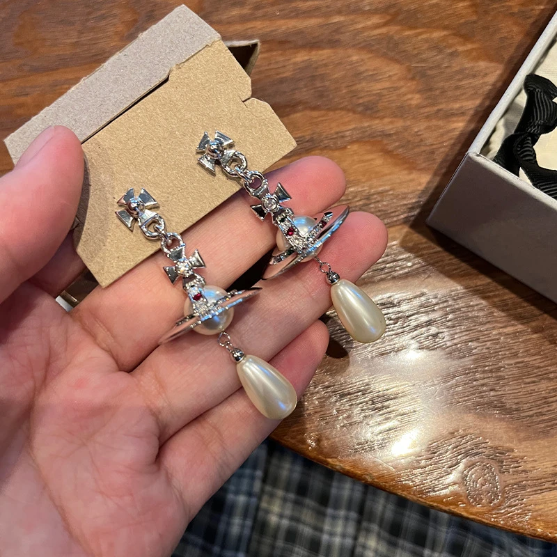 钨金树脂吊坠 西太后水滴珍珠耳坠立体土星飞碟珍珠耳环精工法式