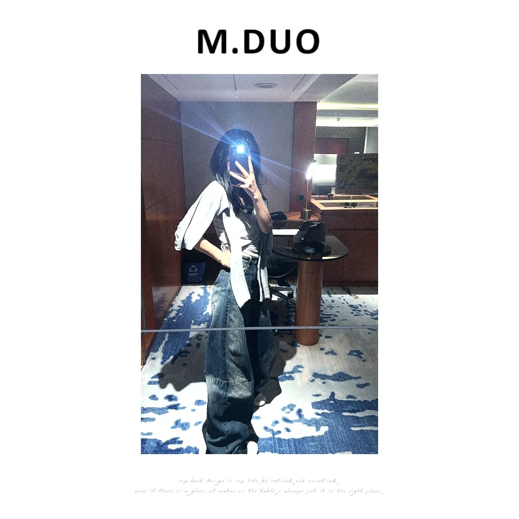 M.DUO （深圳货）美式复古做旧设计感斜裁重工水洗牛仔阔腿裤3228