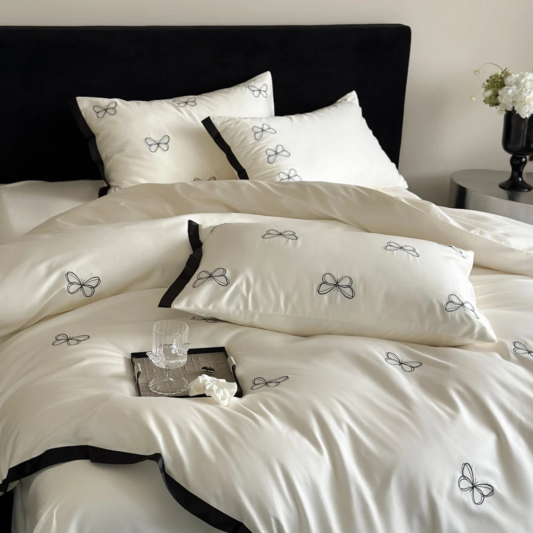 【庄周梦蝶】轻奢简约长绒棉四件套少女心蝴蝶刺绣纯棉被套床上用品