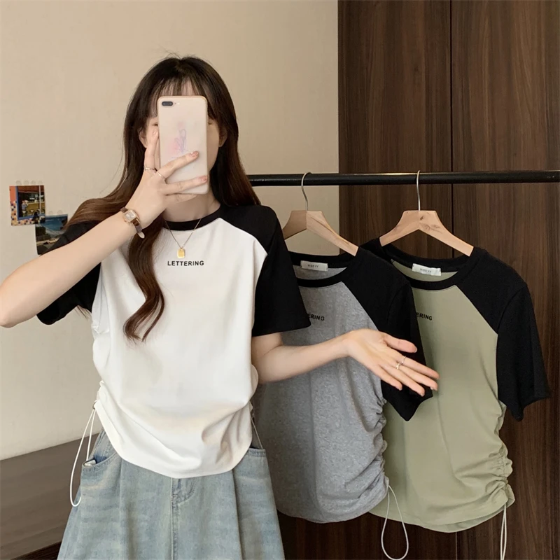 微胖妹妹2025夏季新款撞色圆领显瘦百搭印花上衣宽松短袖t恤女808
