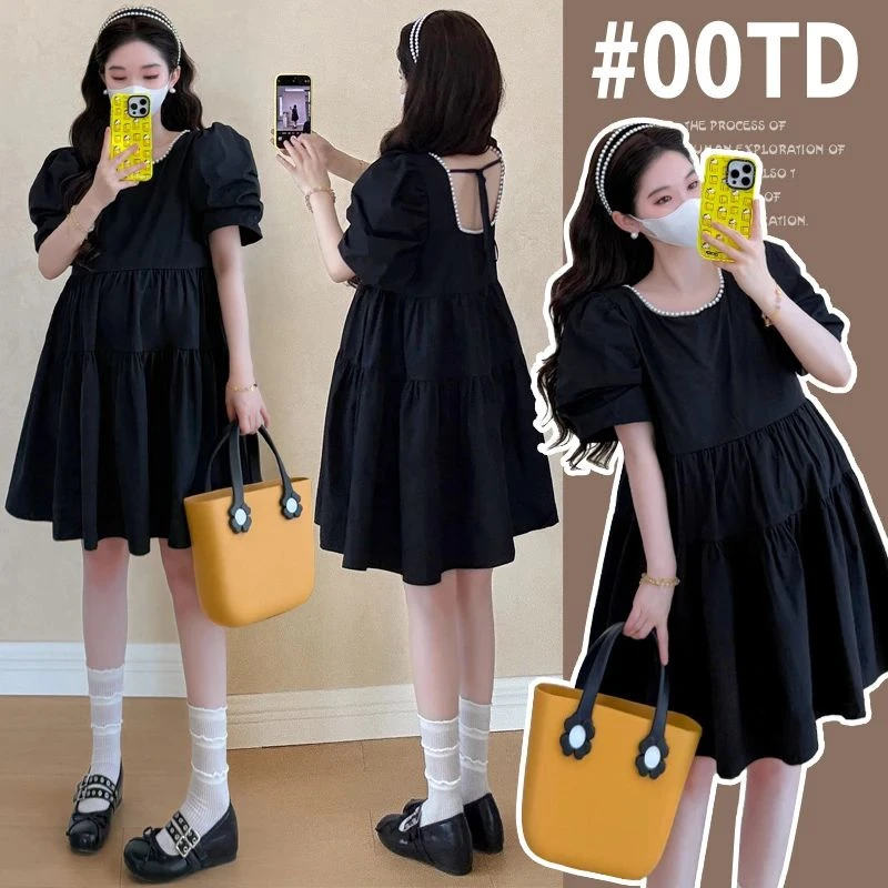 时髦孕妇夏季新款时尚韩版小个子显瘦蛋糕裙露背泡泡袖气质连衣裙