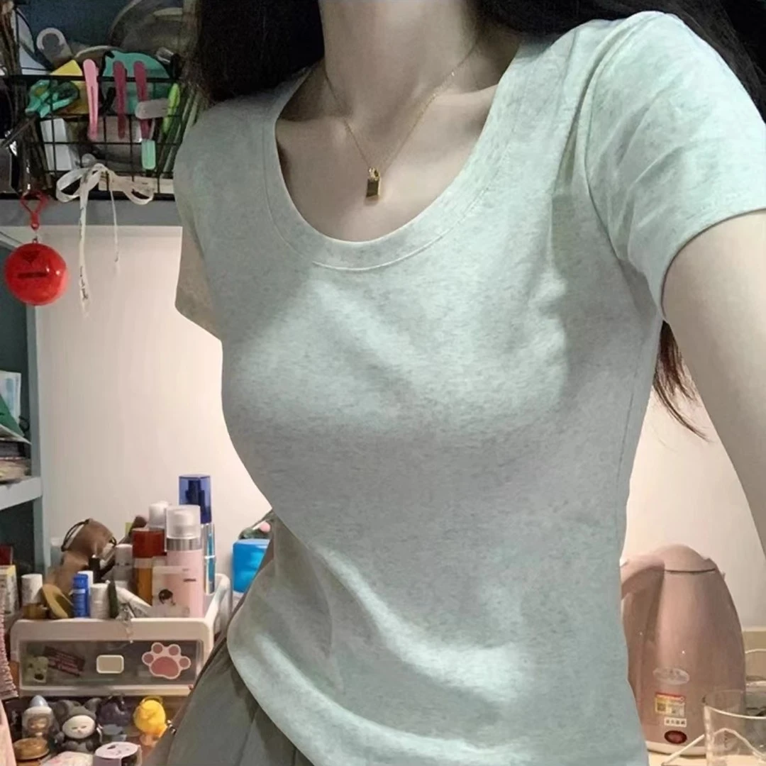 短袖纯色辣妹风短款T恤微胖短t显瘦修身夏季白色不规则螺纹圆领