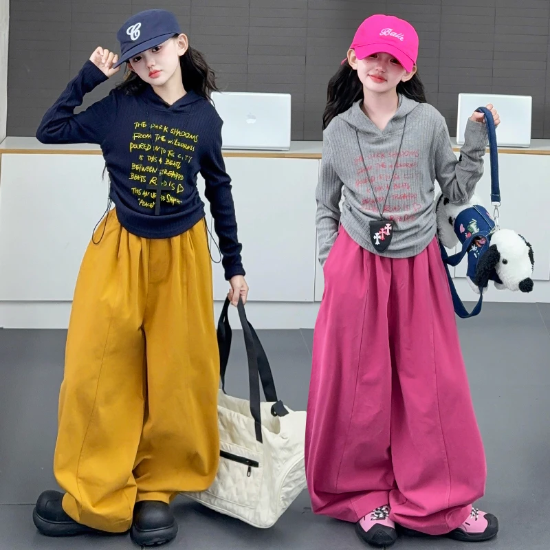 女童春秋装套装2025新款小女孩长袖帽衫阔腿裤韩版炸街时髦秋款潮
