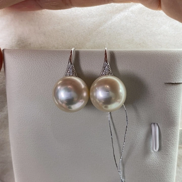 银S925镶嵌海水珍珠耳饰干枯澳白13-14mm