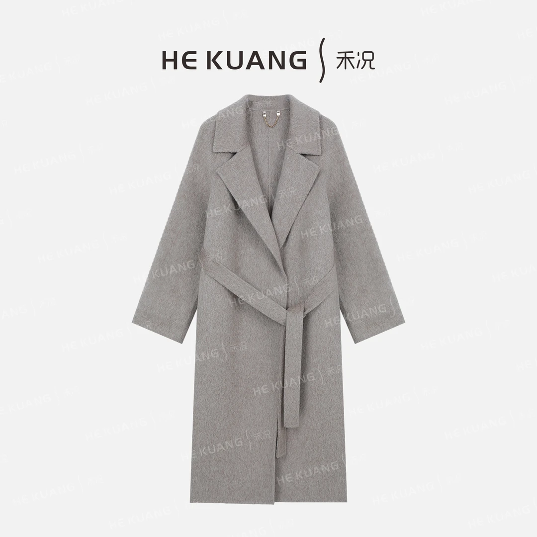 禾况HEKUANG琥珀流光【绒雾冰川】绵羊毛大翻领经典大衣 S655 0905