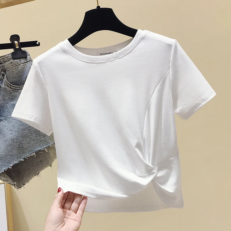 白色t恤女短袖2025年新款女装修身高腰设计感不规则ins短款上衣夏