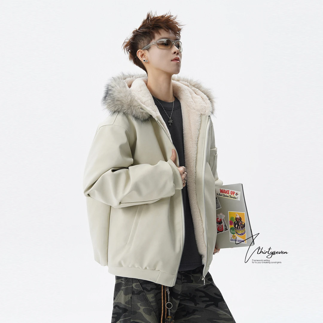 V37美式潮牌痞帅座山毛领连帽棉服男冬季宽松情侣加厚保暖外套