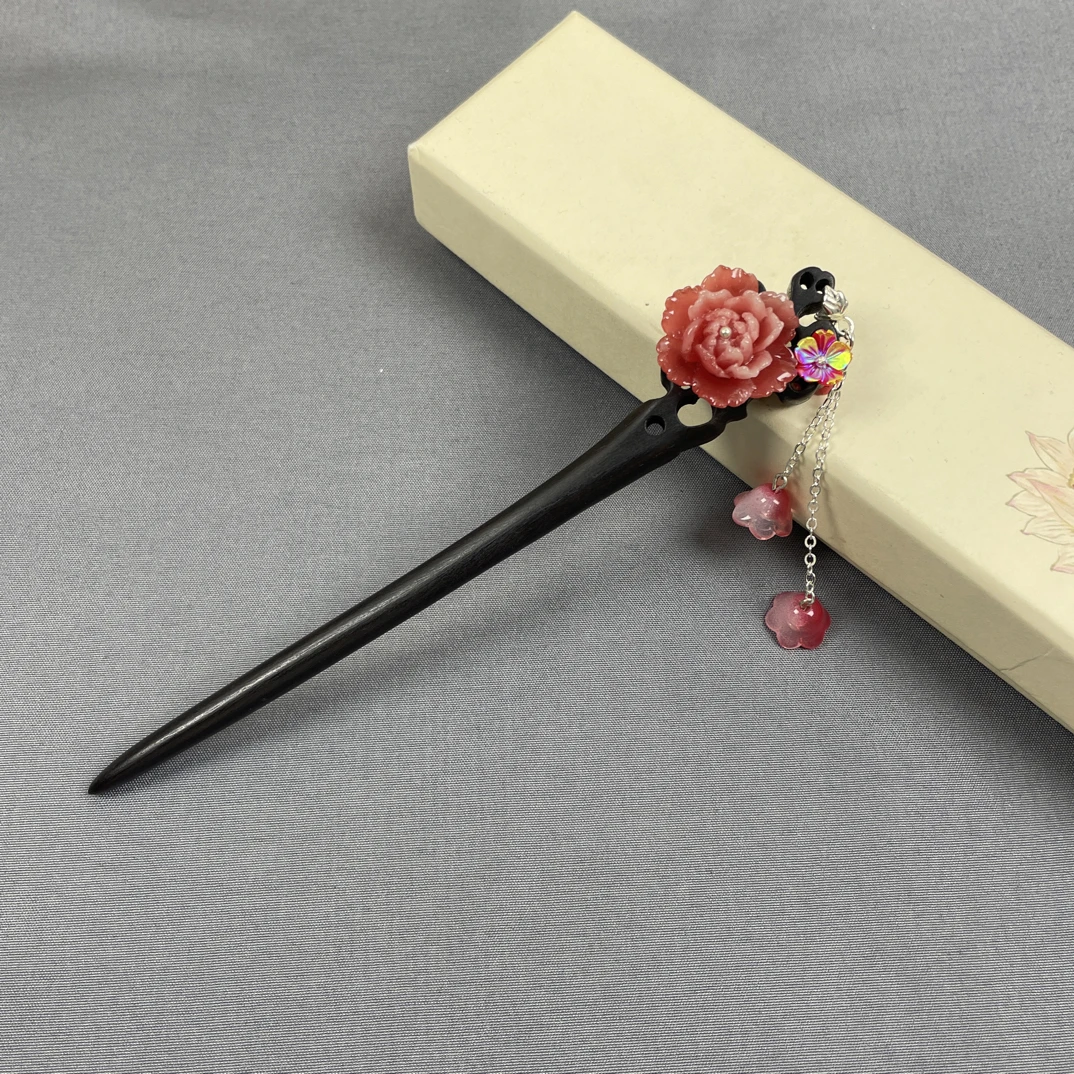 红色小牡丹花黑檀木发簪发钗古风盘发簪簪子新中式头饰发饰气质