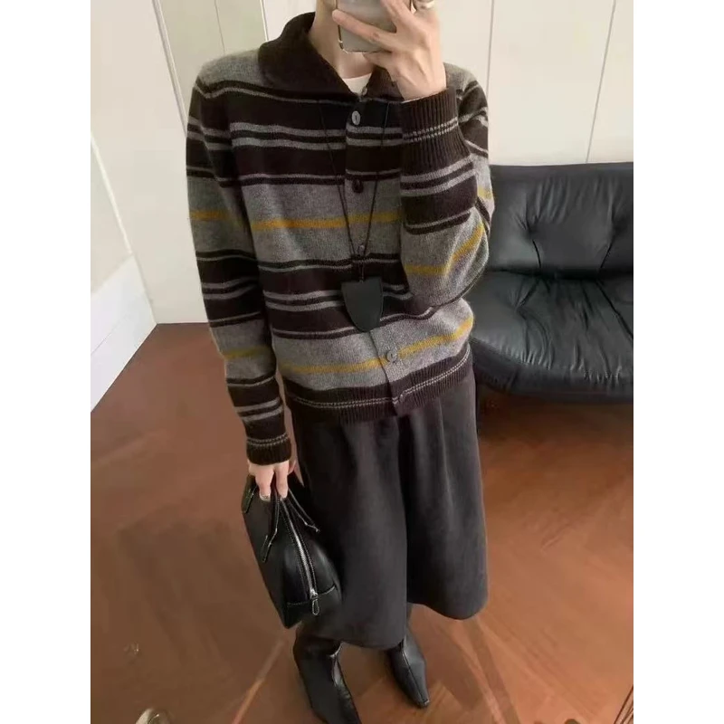 9283-3622 长袖条纹网红韩版翻领针织衫开衫