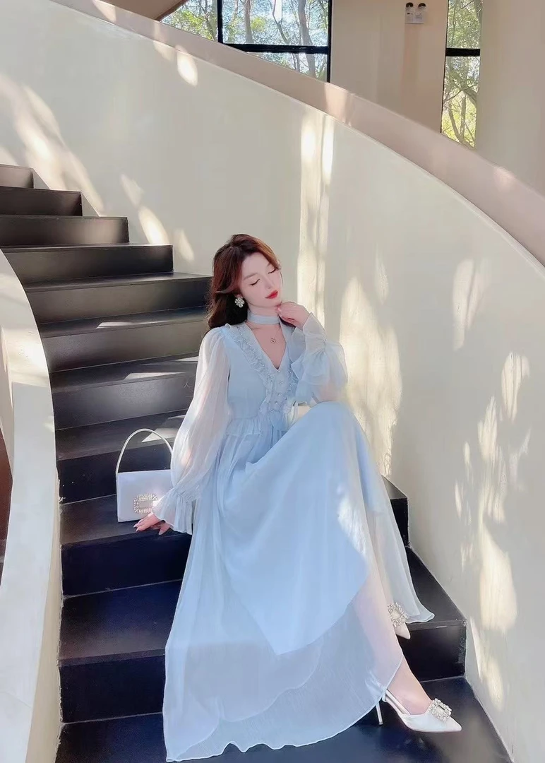 【石潇潇专属】早春精致女神范气质高级感法式收腰雪纺连衣裙长裙子