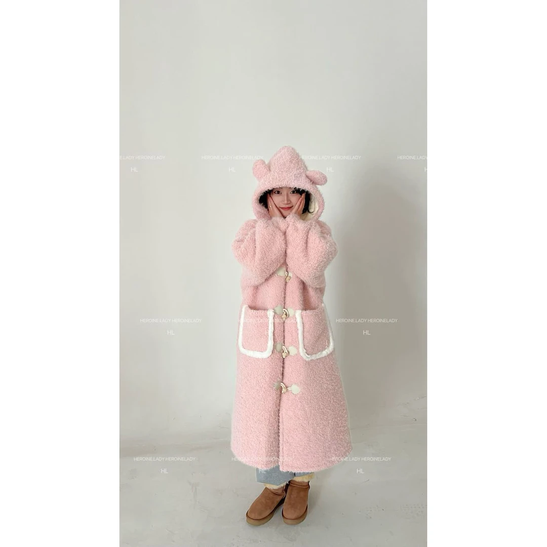 【乖萝】HL秋冬连帽慵懒宽松百搭不挑人可爱纯色长款外套加厚棉服