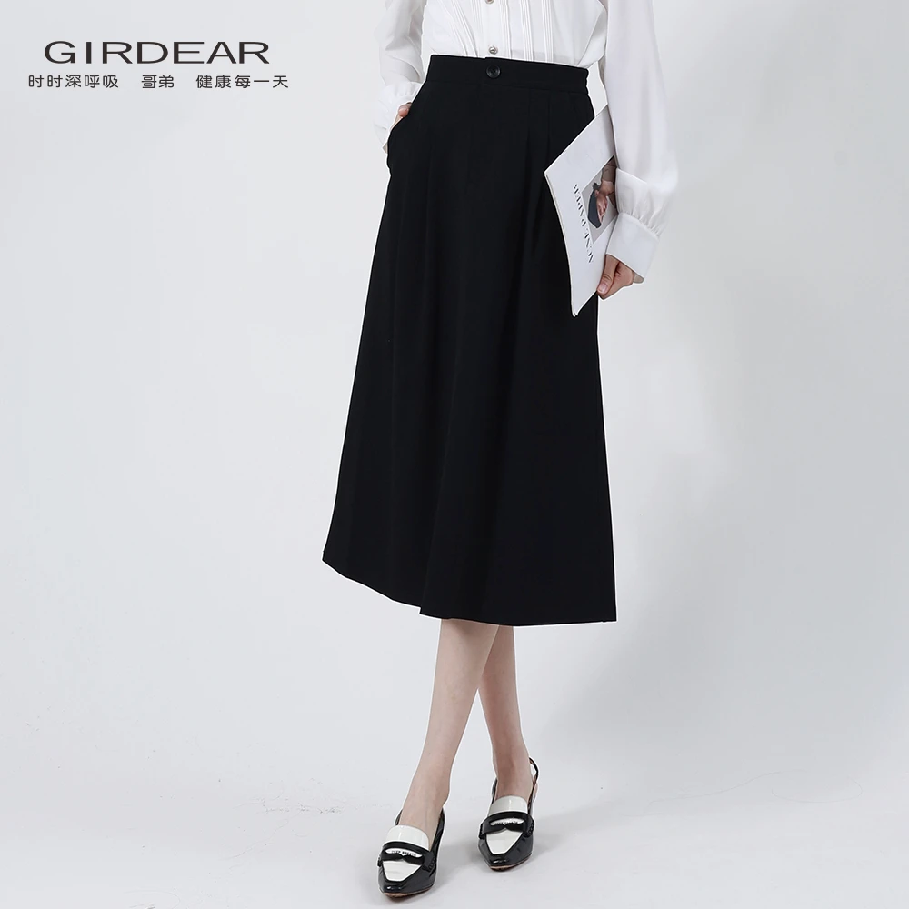 GIRDEAR/哥弟 新款时尚招牌大摆中高腰显瘦黑色a字半身裙女120005