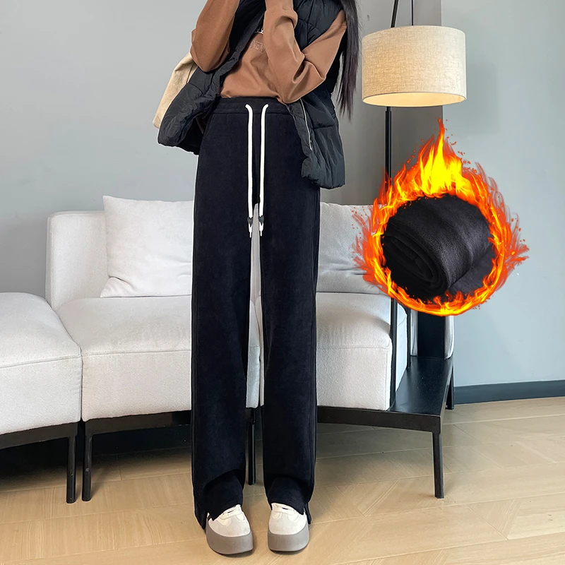 冬季加绒窄版阔腿裤加厚保暖休闲裤欧棉绒开叉高腰直筒裤显瘦长裤