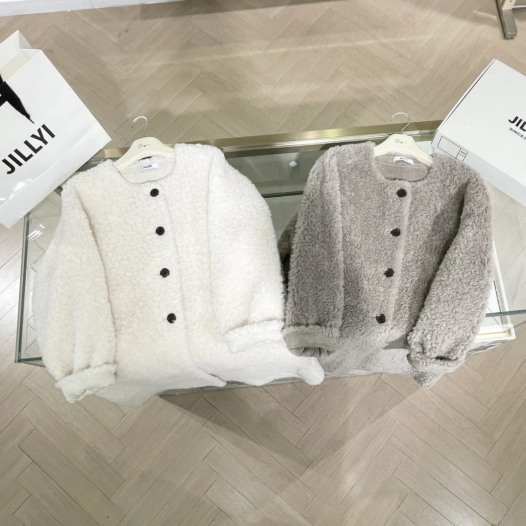 JILLYI珠海店【奶油慕斯】双色圆领单排扣简约纯色中长款毛呢外套