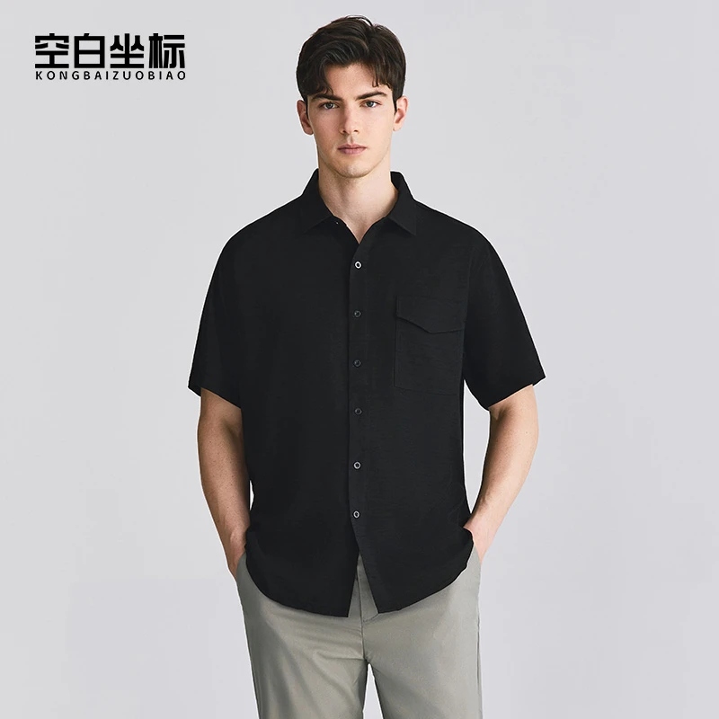 空白坐标通勤凉感男士短袖衬衫2025夏季新款上衣翻领纯色T恤上衣
