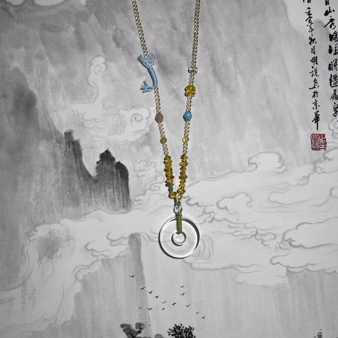 铜合金石英石项链 白色平安扣毛衣链石英石