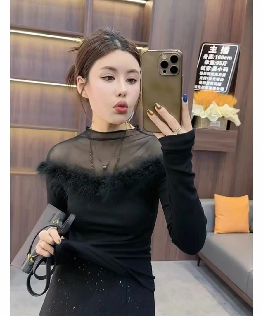 3398新款时尚修身打底衫女百搭上衣气质网纱性感小衫