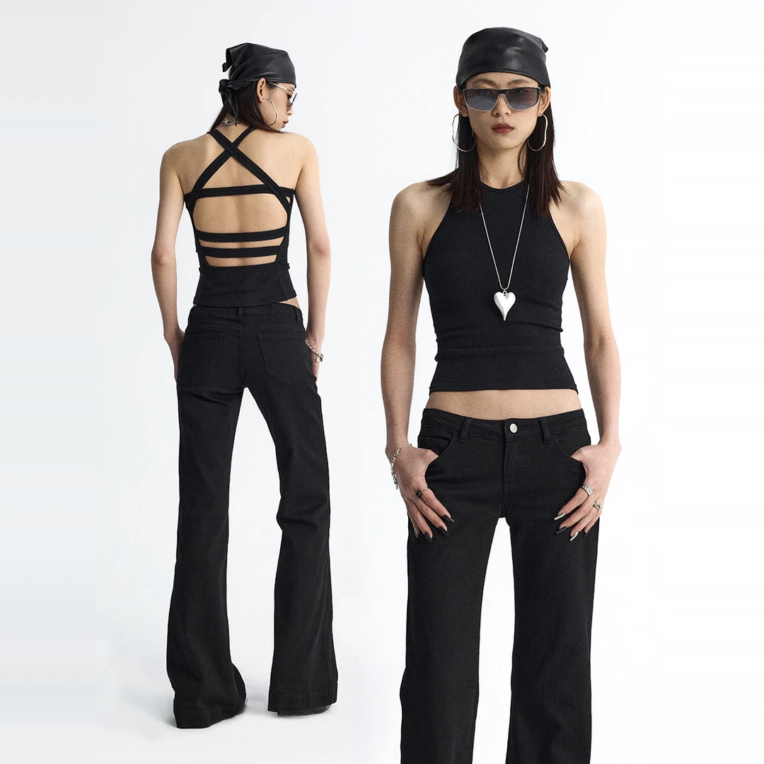 ourhour 交叉美背 黑色自带胸垫挂脖露背无袖上衣 女夏设计感背心