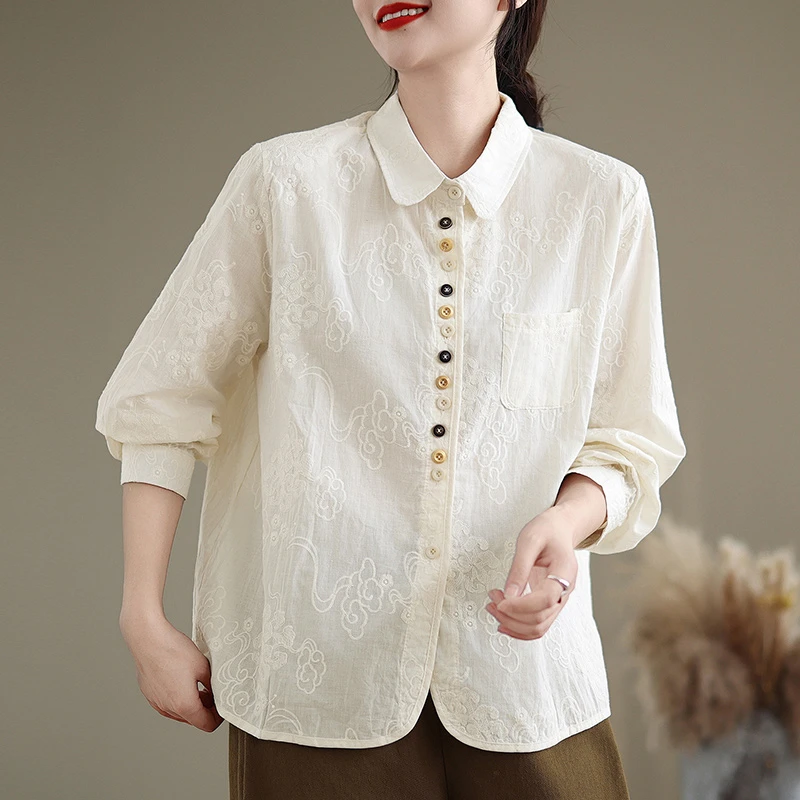 古典风新中式复古文艺纯棉女士衬衫精致祥云刺绣宽松显瘦开衫小众