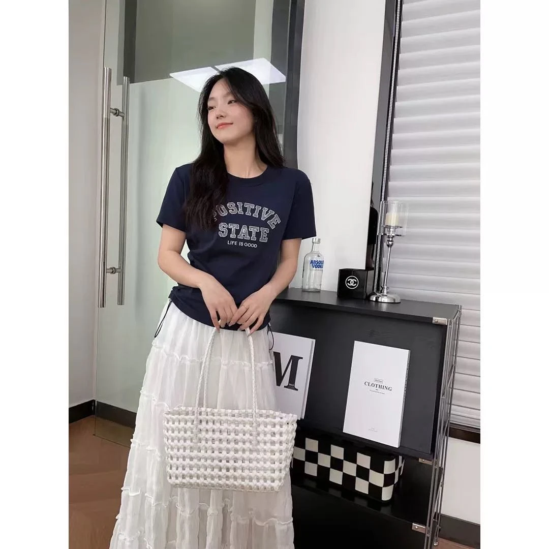 妮子严选夏季新款圆领字母休闲设计感百搭纯色短袖6636