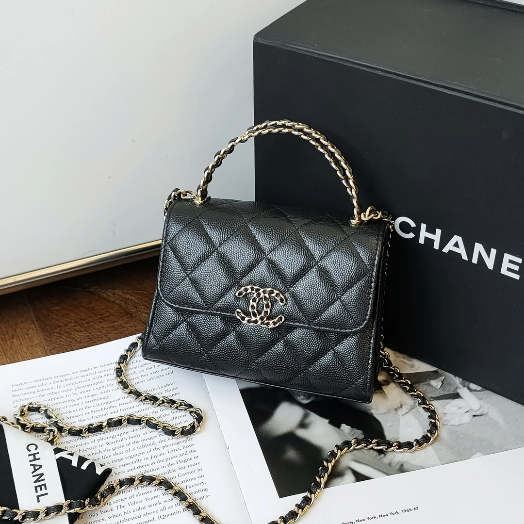 99新 Chanel/香奈儿 Azul23P黑金荔枝皮交叉手柄kelly斜挎包49585