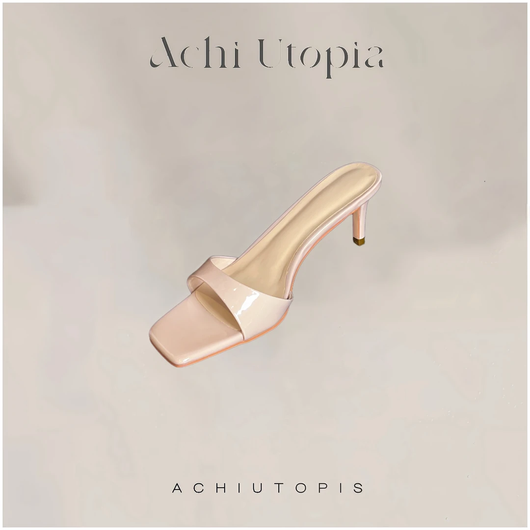 ACHI大也池◆(N)法式极简裸色方头露趾一字带高跟凉拖鞋