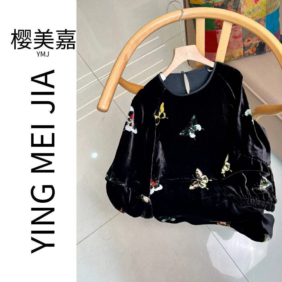 DY3079樱美嘉100桑蚕丝真丝丝绒衬衫国风圆领灯笼袖新中式早秋