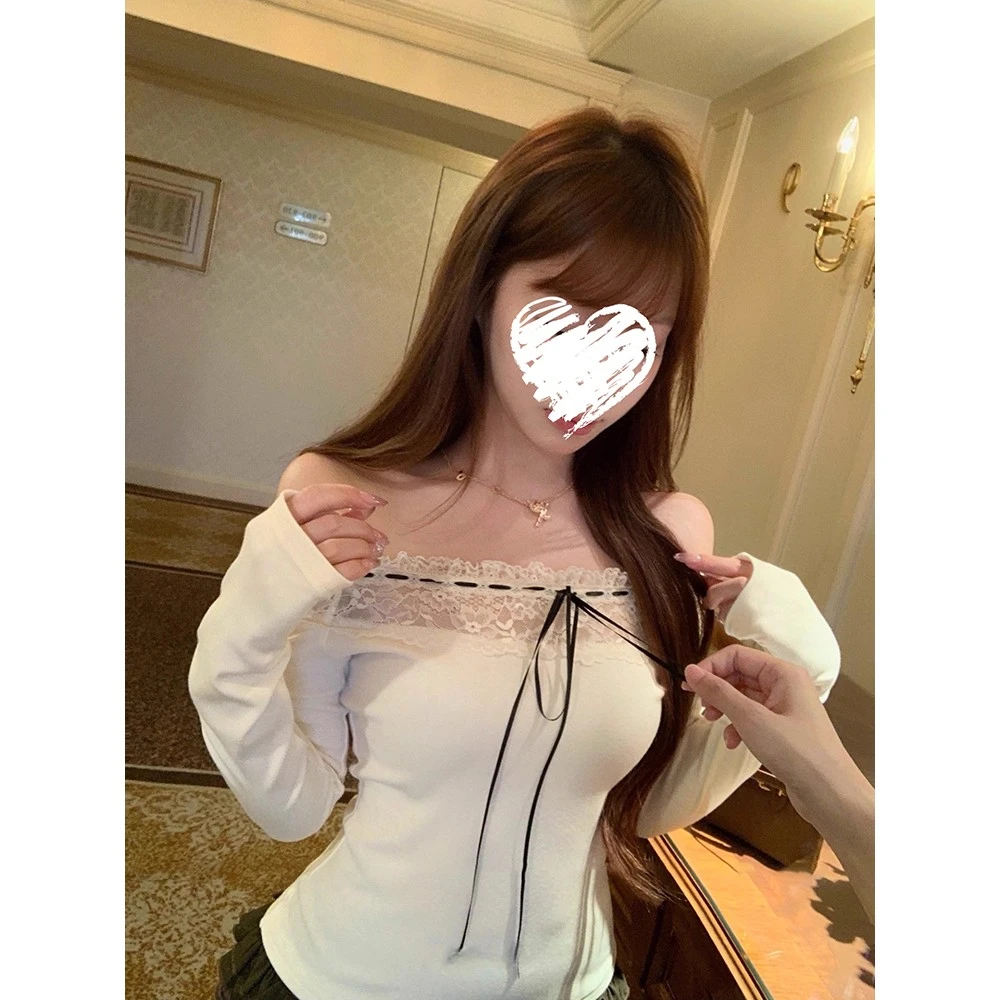 【甜欲捕手】一字肩蕾丝边内搭长袖T恤女秋季打底修身小众显瘦上衣