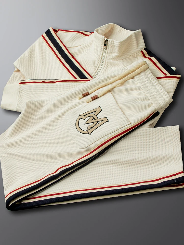 凯邦威新款华夫格休闲运动服套装男春秋季时尚刺绣立领外套长袖长