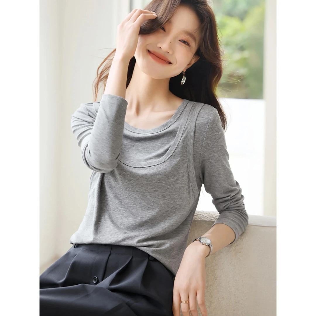 沫晗依美气质假两件柔软灰色打底衫2025新款圆领显瘦弹力T恤8476