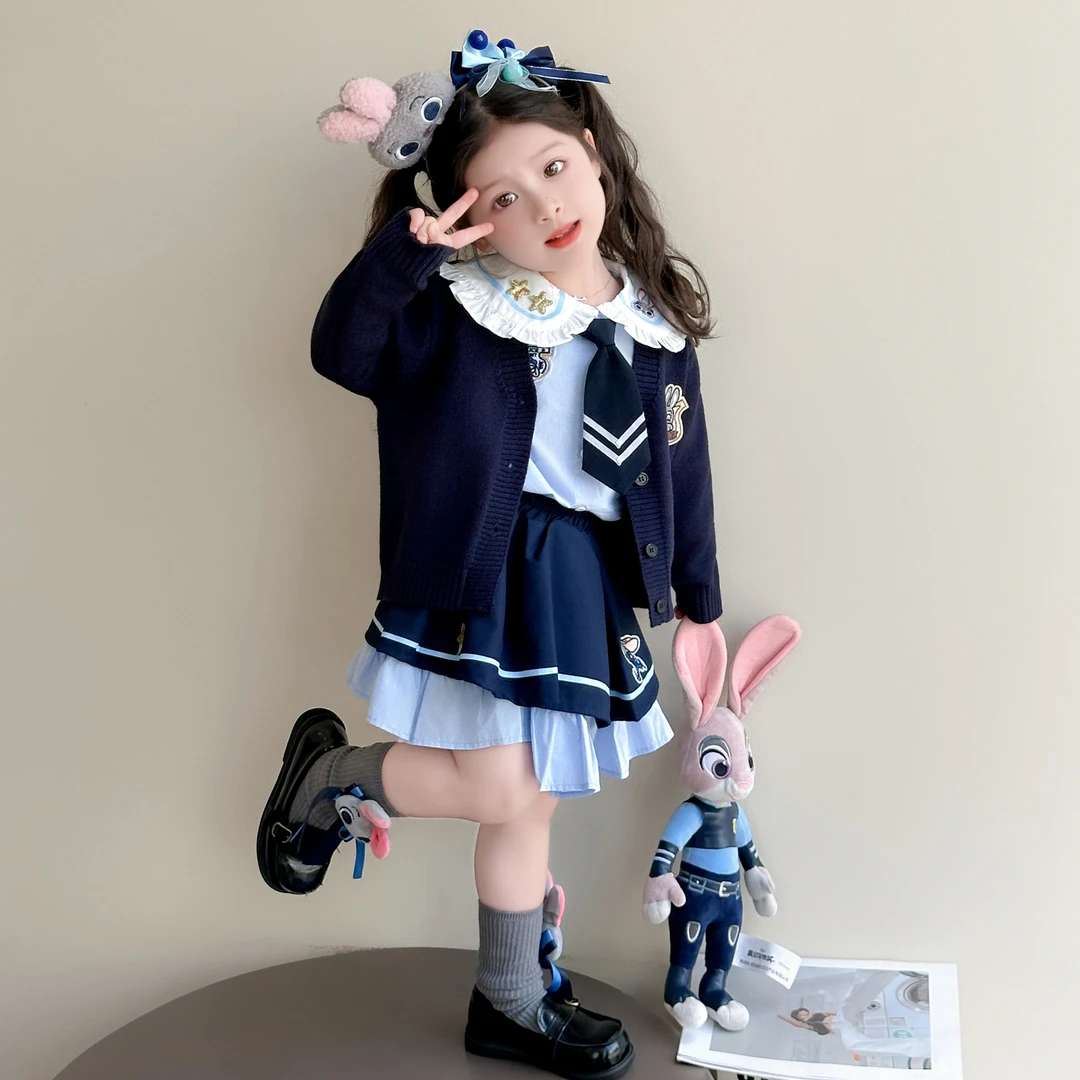 女童学院风套装春秋新款儿童兔子警官开衫洋气女宝韩版JK裙三件套
