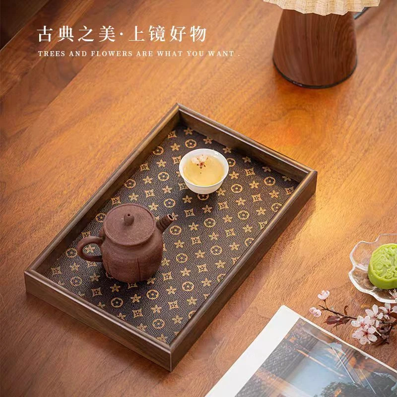 网红胡桃木色托盘复古桌面收纳盒波点木纹简单托盘茶道中古托盘