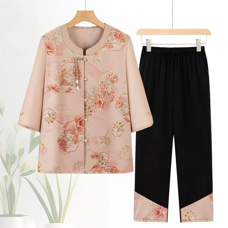 恒源祥彩羊老年人夏女装奶奶中袖衬衫套装老年妈妈夏季洋气老人太