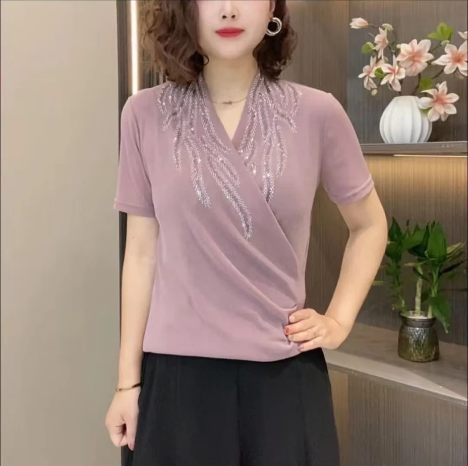 夏季新款时尚洋气V领网纱烫钻女小衫短袖气质修身显瘦妈妈装上衣