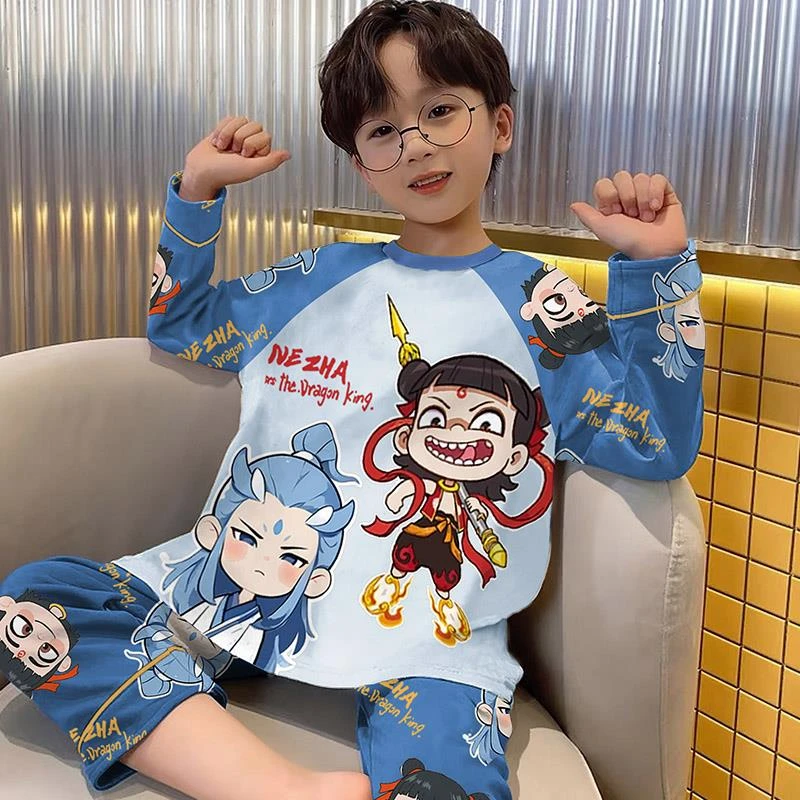 潮走儿童睡衣男童春夏款冰丝冰丝春季小男孩中大童家居服哪咤2025