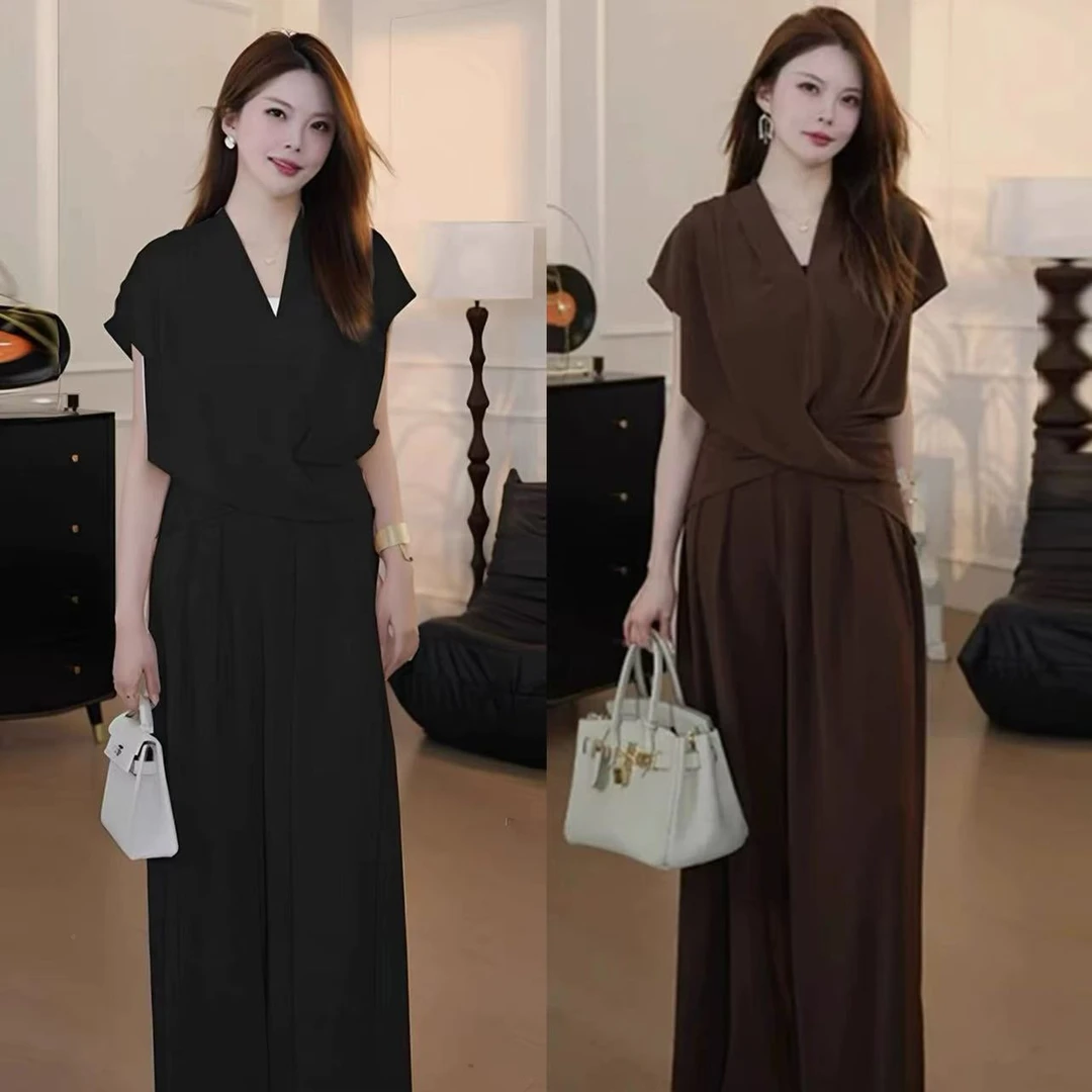 【老钱风】2025夏季新款大码女装休闲百搭显瘦V领上衣休闲裤两件套