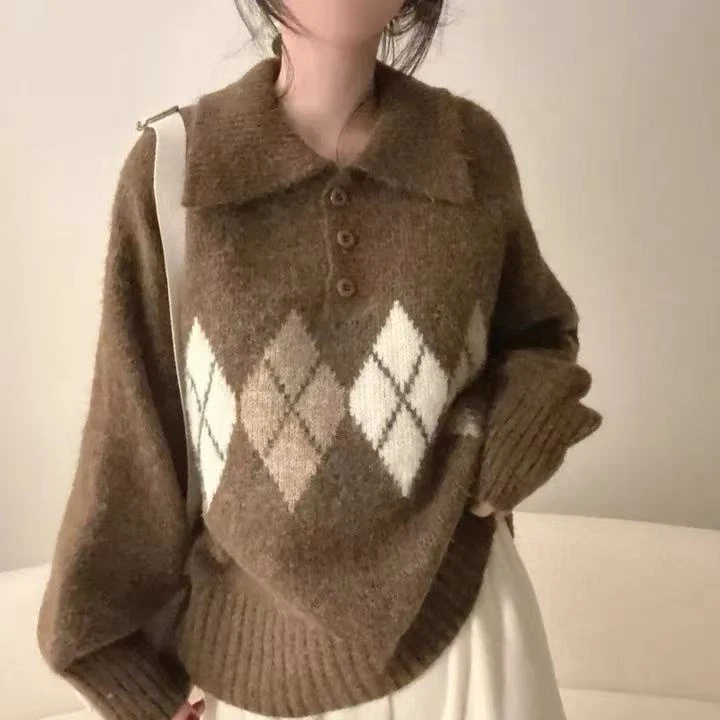 慵懒风复古撞色翻领菱格气质长袖毛衣女秋冬新款宽松百搭针织上衣