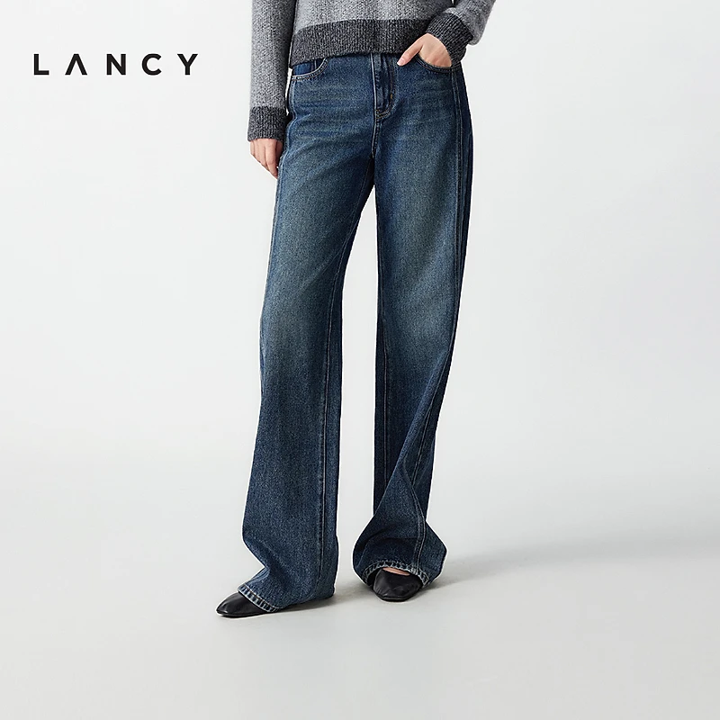 LANCY/朗姿2025年冬新款气质简约直筒牛仔裤莱赛尔棉休闲长裤子女